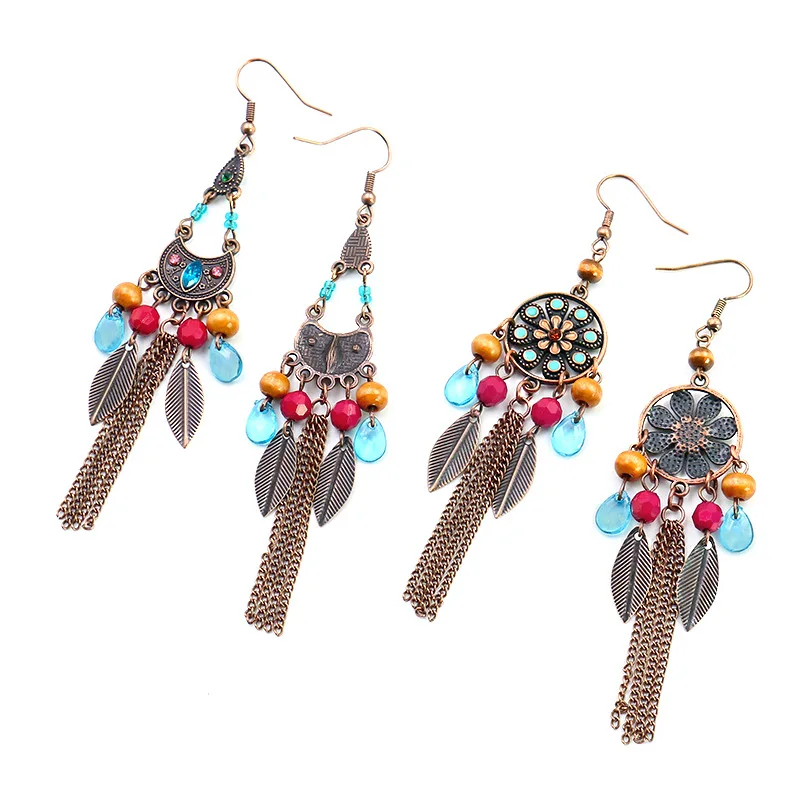 

Antique Copper Long Chain Tassel Earring Colorful Beads Leaf Drop Dangle Earring For Women Bohemian Ethnic Jewelry