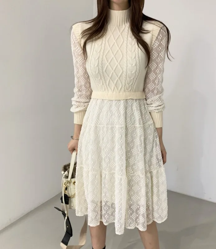 

Korea Chic Vintage Elegant Lace Splicing Sweater Dress Vestidos Women Turtleneck Long Sleeve Casual A-Line Dress Mujer Clothes