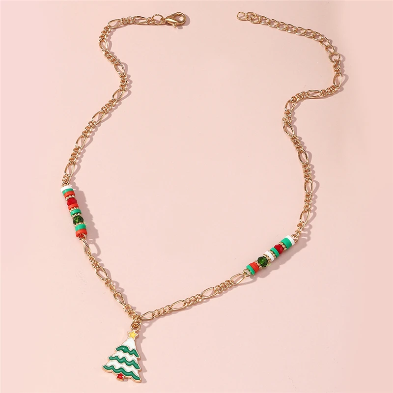 

2021 Ameriacan and European Christmas Gift Cute Beads Choker Necklace Bell Deer Tree Metal Collier Femme Accessories for Women