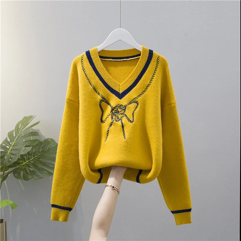

autumn winter long sleeve oversized sweater 2020 fashion bow v neck loose casual kint jumper jersey mujer female pullover