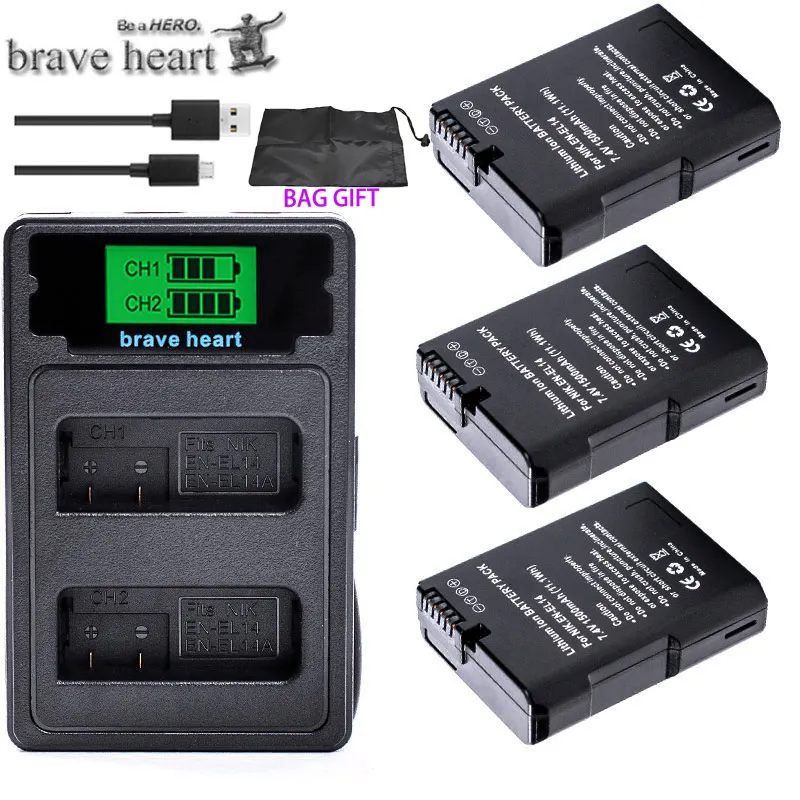 charger and 3battery Акумуляторная батарея EN-EL14 EN-EL14a ENEL14 RU EL14 EL14a Батарея+ ЖК-дисплей USB Dual Зарядное устройство для Nikon D3100 D3200 D3300 D5100 D5200 D5300 P7000 - Цвет: charger and 3battery