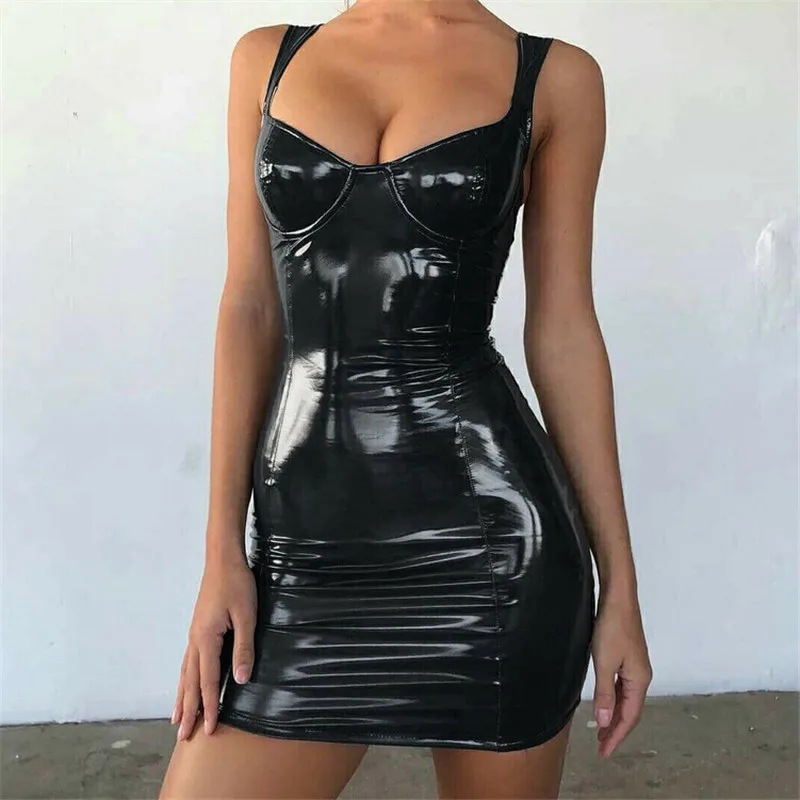 

2019 Sexy Backless Club Party Short Dress Solid Black Wet Look Latex Bodycon Faux Leather Push Up Bra Mini Micro Dress Leotard