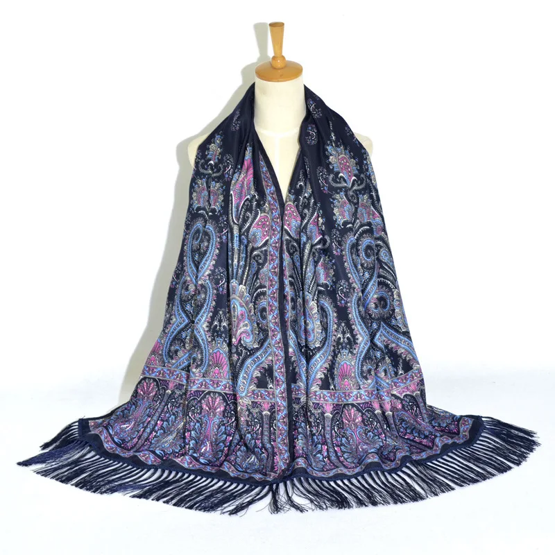 2 Navy Blue Женский шарф, зимняя шаль, Женский русский длинный хиджаб, цветочный узор, Dupatta, ретро, украинский, польский, с бахромой, испанский шарф - Цвет: 2 Navy Blue