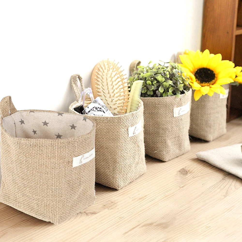 Джутовая настольная корзина для хранения подвесной карманный маленький мешок
