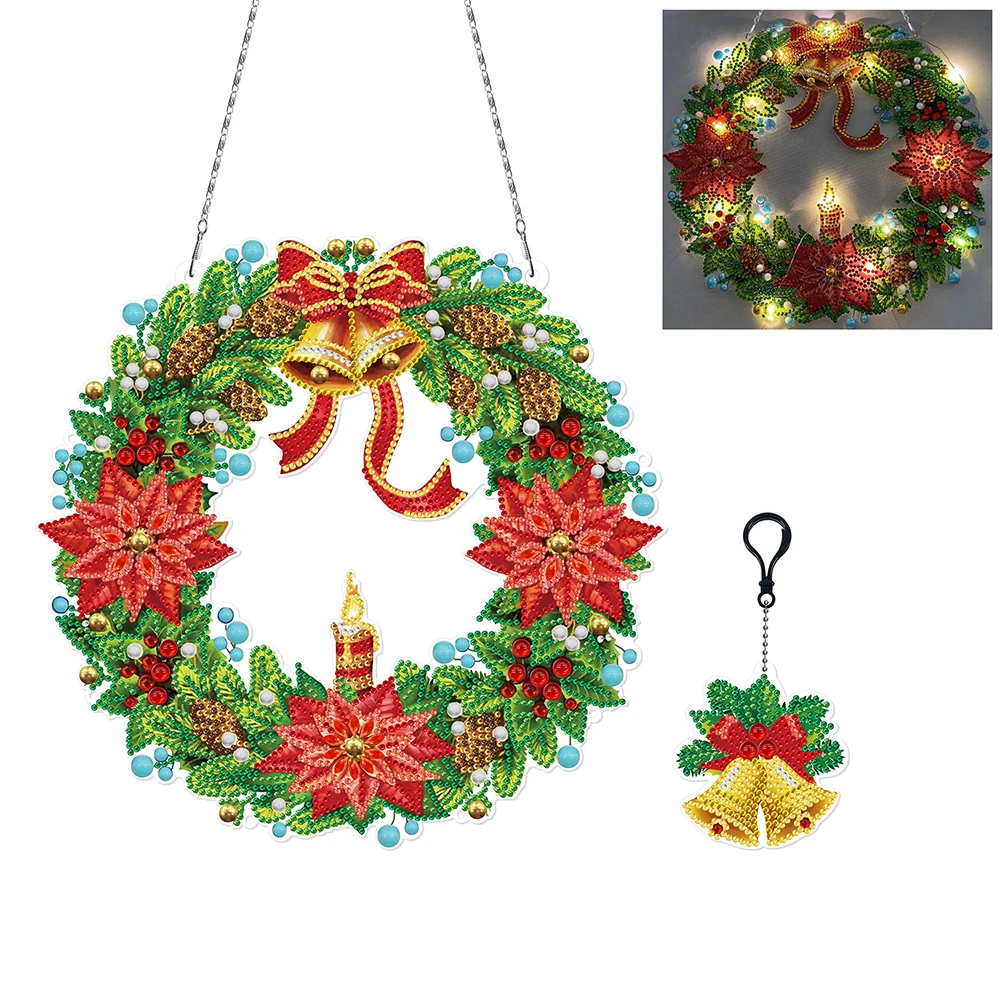 5D DIY Diamond Painting Christmas Wreath Set with LED Light Hanging Chain and Decorative Light with Small Pendant with Keychain