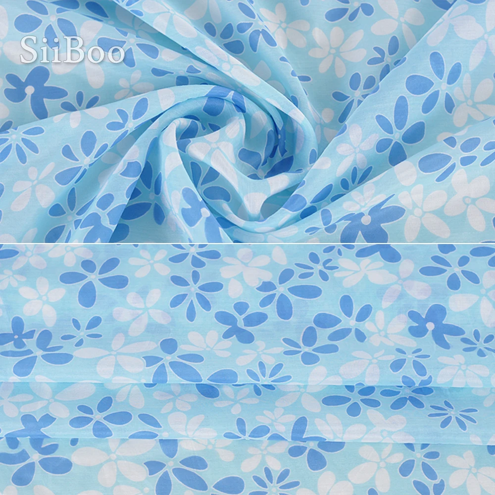 Хлопковая шелковая ткань Корейская с маленьким цветочным принтом зеленая синяя