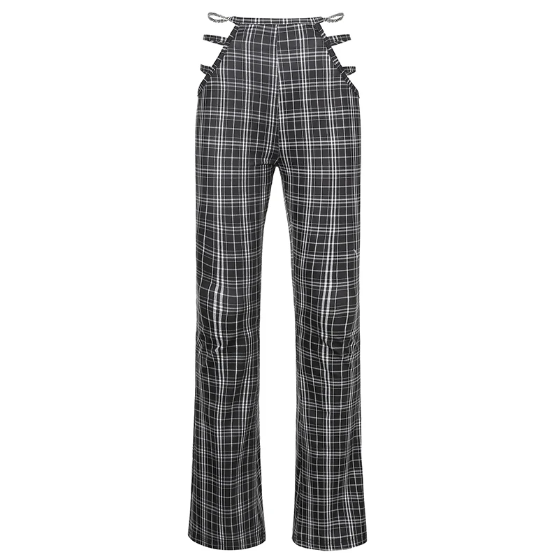 

Vintage Plaid Print Y2K Straight Pants Hollow Out Chains Casual Sweatpants Harajuku Fashion Outfits Streetwear 90s Cuteandpsycho