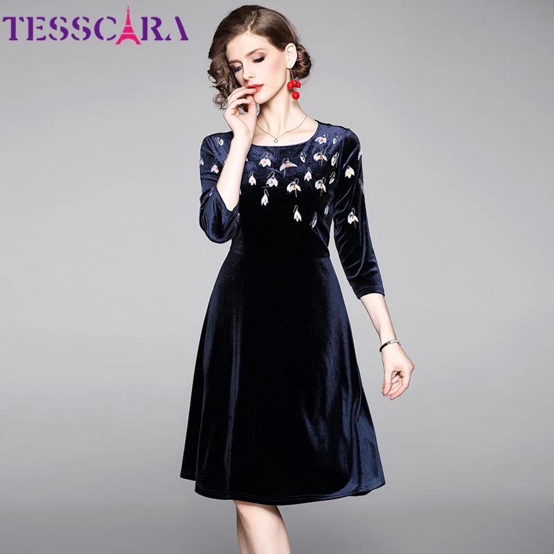 Женское бархатное платье с вышивкой TESSCARA дизайнерское коктейльное вечерние