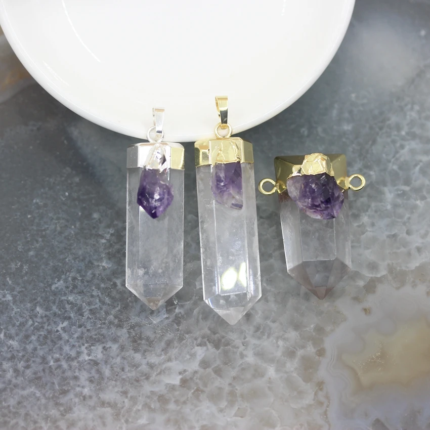 

5pcs,Raw Crystal Point Inlay Amethysts Pendants,Plated Gold/Silvers Faceted Quartz Hexagon Prism Charms Necklace Jewelry Making