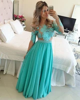 long sleeve prom party gown 2018 turquoise chiffon nude tulle appliques a line floor length vestido de festa bridesmaid dresses