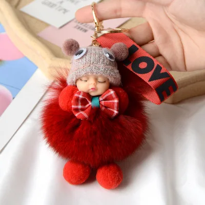 

Korean Cute Cartoon Sleeping Doll Keychain Fur Ball Plush KeyChain Women Handbag Car Keychain Accessories Toys for Kids Gift