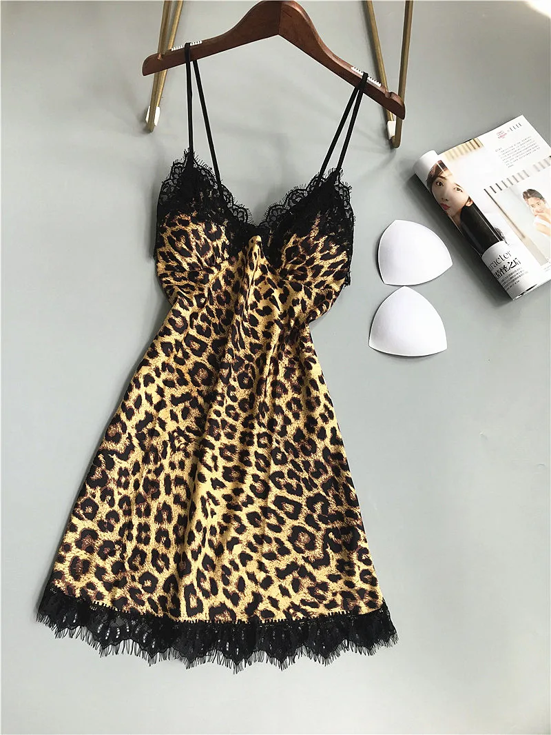Женская сексуальная ночная рубашка с леопардовым принтом летняя Пижама Черная