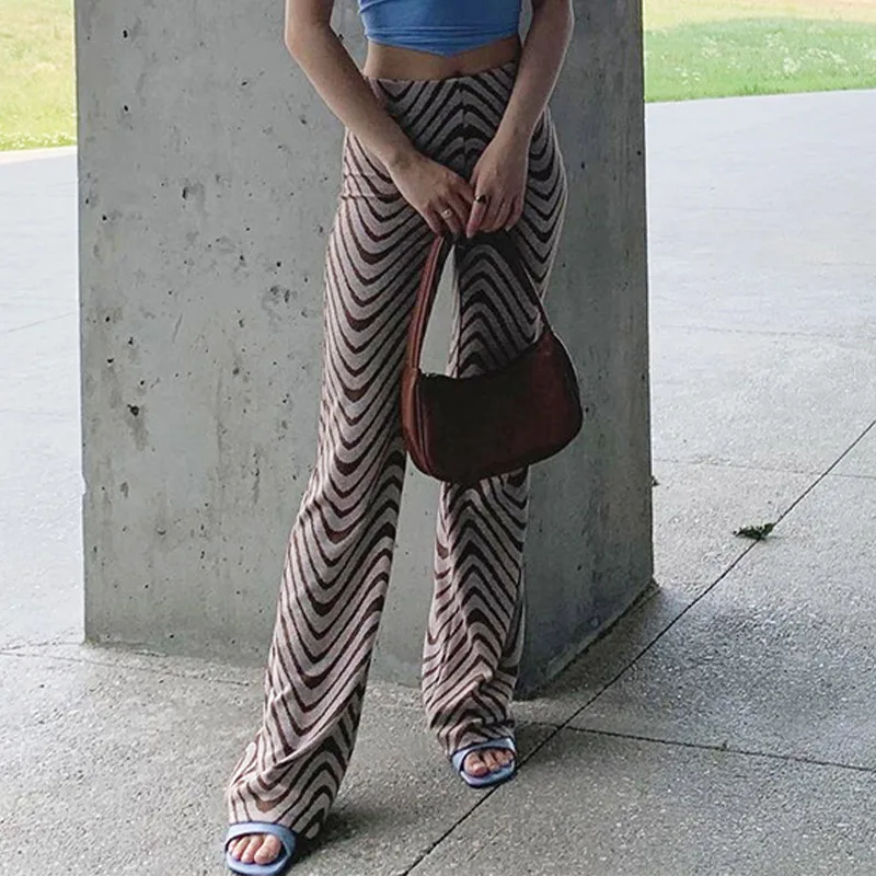 

Brown Ripple Print Women's High Waist Trousers 2021 Autumn New Loose Wide Led Long Pants Ladies Casual Fashion Streetwear Pant
