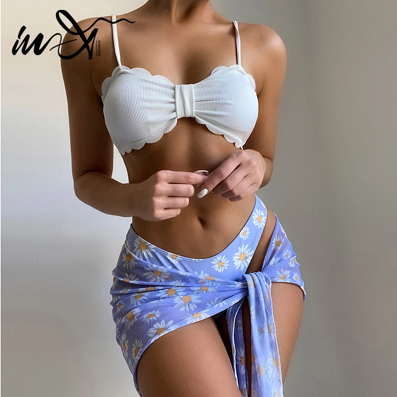 

In-X Ribbed bikini set Floral print swimsuit women's swimming suit Ruffle swimwear women 2021 Sexy bathing suit Elegant 3-piece