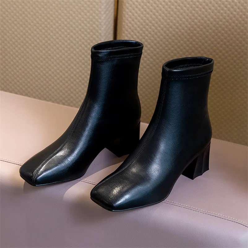 

ANNYMOLI Square Toe Ankle Boots High Heel Woman Boots Block Heel Shoes Zipper Ladies Short Boots Autumn Black Large Size 34-40