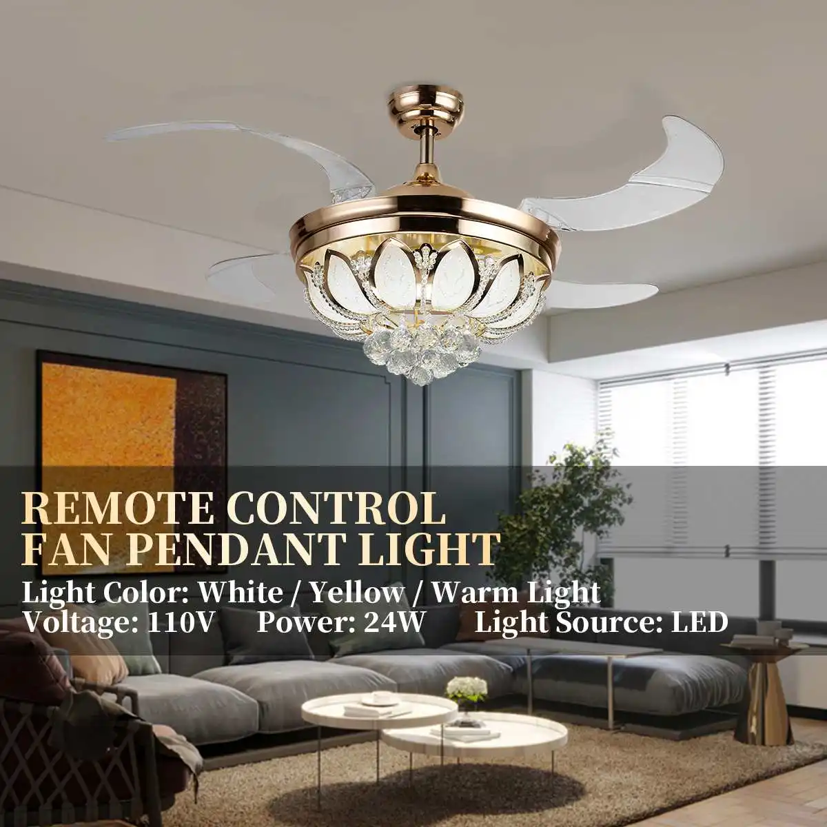 

Crystal fan lamp light luxury living room dining room bedroom simple ceiling fan lamp modern high-end invisible fan lamp
