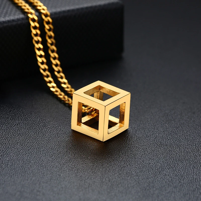 Gold Necklace Vnox Ретро пустой кубик кулон для мужчин из нержавеющей стали квадратное винтажное ожерелье панковские геометрические колье 2" цепь - Окраска металла: Gold Necklace