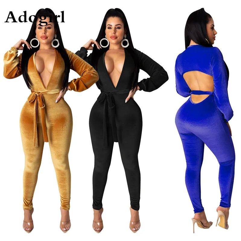 

Женские велюровые комбинезоны с v-образным вырезом, длинным рукавом и вырезом сзади, обтягивающие облегающие вечерние комбинезоны для ночн...