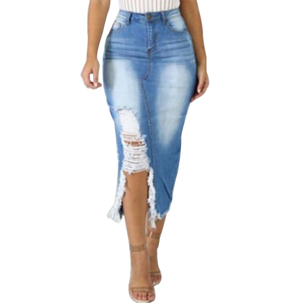 Light Blue CALOFE, модные женские юбки, высокая талия, джинсовая юбка, женская, бандажная, с разрезом, длинная юбка, женская, с разрезом, средняя талия, повседневная юбка - Цвет: Light Blue