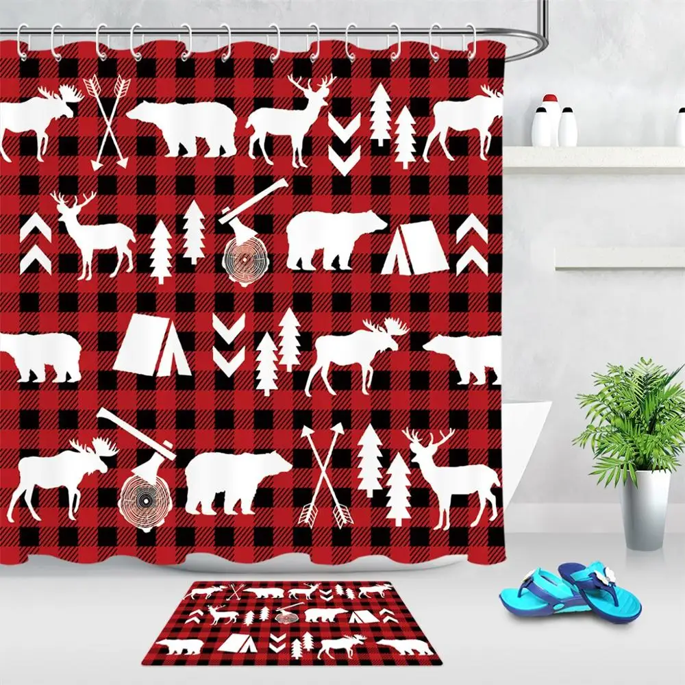 

Рождественская занавеска для ванны и душа в клетку с мультяшными животными, аксессуары для украшения дома и ванной, нескользящий коврик для...