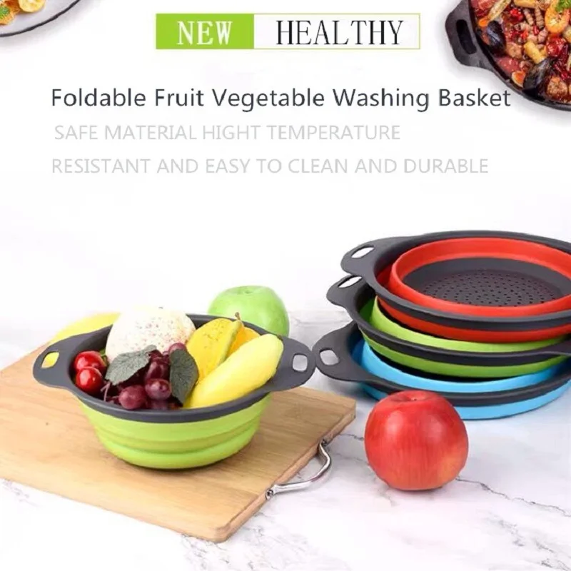 

New Foldable Fruit Vegetable Washing Basket Strainer Portabl Silicone Colander Collapsible Drainer With Handle Kitchen Tools