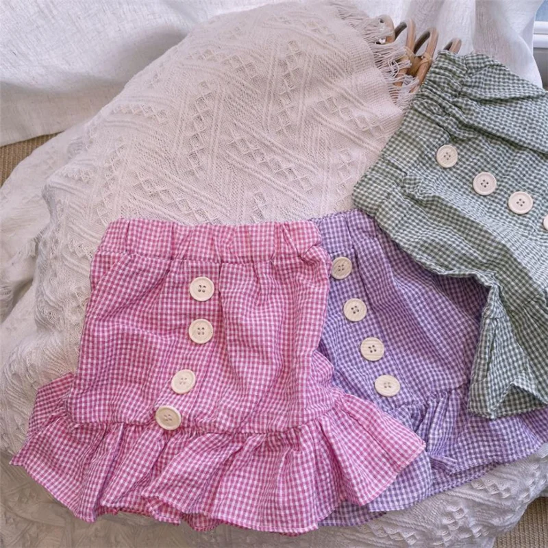 

New Summer Little Girls Bust Skirt, Toddlers Creative Plaid Flouncing Hemline Button Decoration Half Skirt Princess Dress