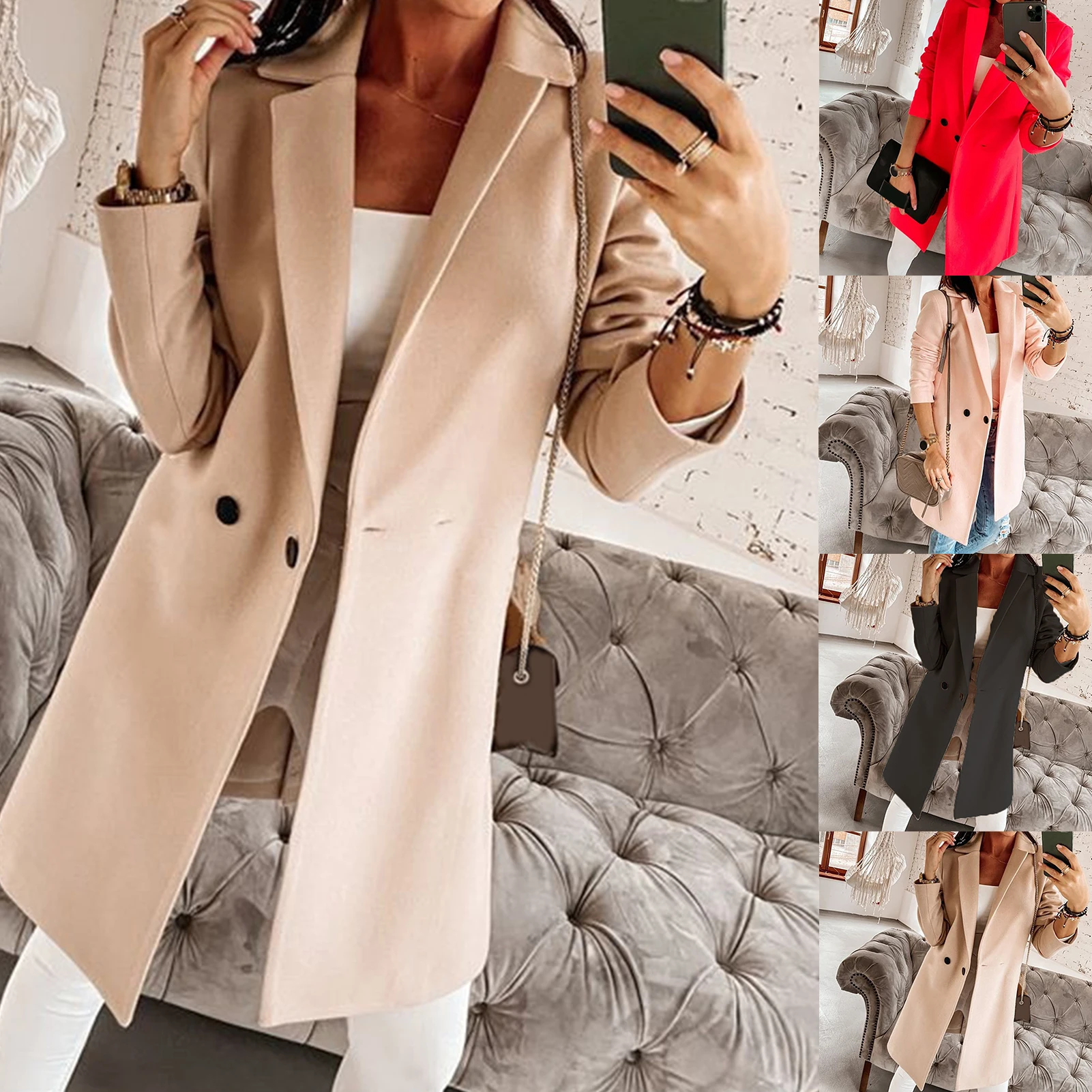 Женское длинное пальто на пуговицах повседневная однотонная куртка с отложным