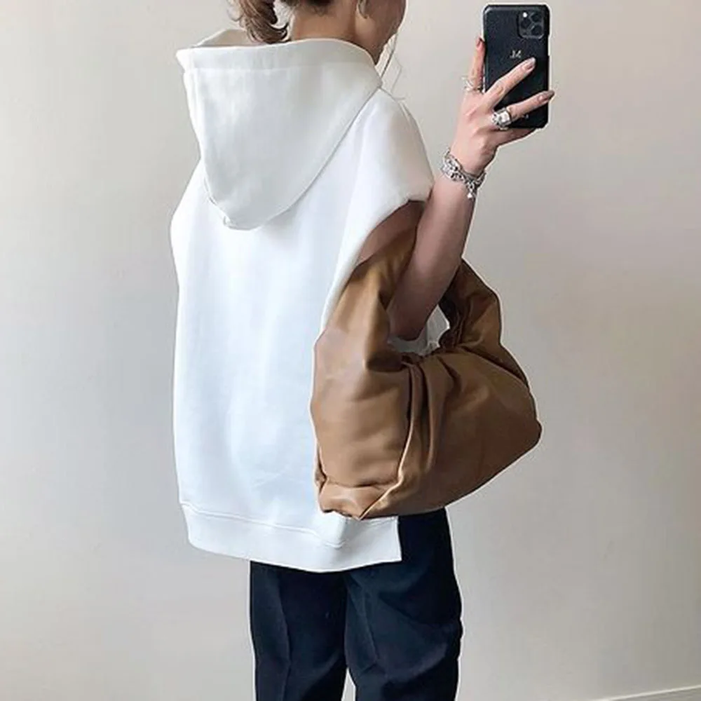 

Plain White Hooded Hoodie French Short Sleeve Ladies Fashion Casual Loose Simple Pullover Korean Style Summer Fall Women Clothes