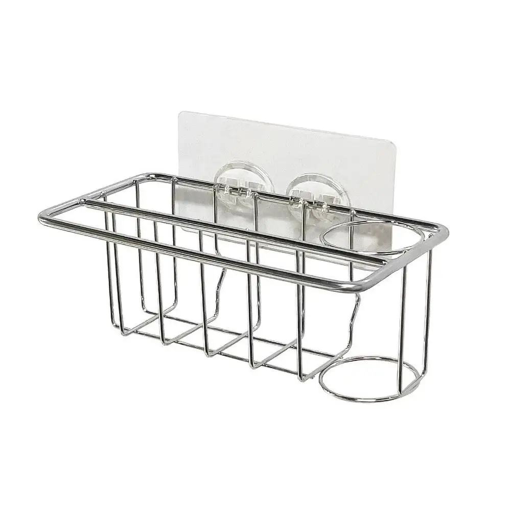 

3-in-1 Sink Sponge Holder with Sticky Hooks Stainless Steel Storage Organizer Drain Rack for Kitchen Gadgets