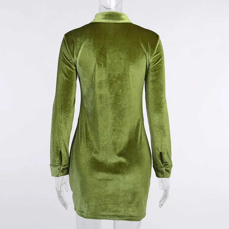

Long Sleeve Button Up Velvet Mini Shirt Dress For Women Fall 2020 Clothing Lapel Ruched Bodycon Green Elegant Autumn Streetwear