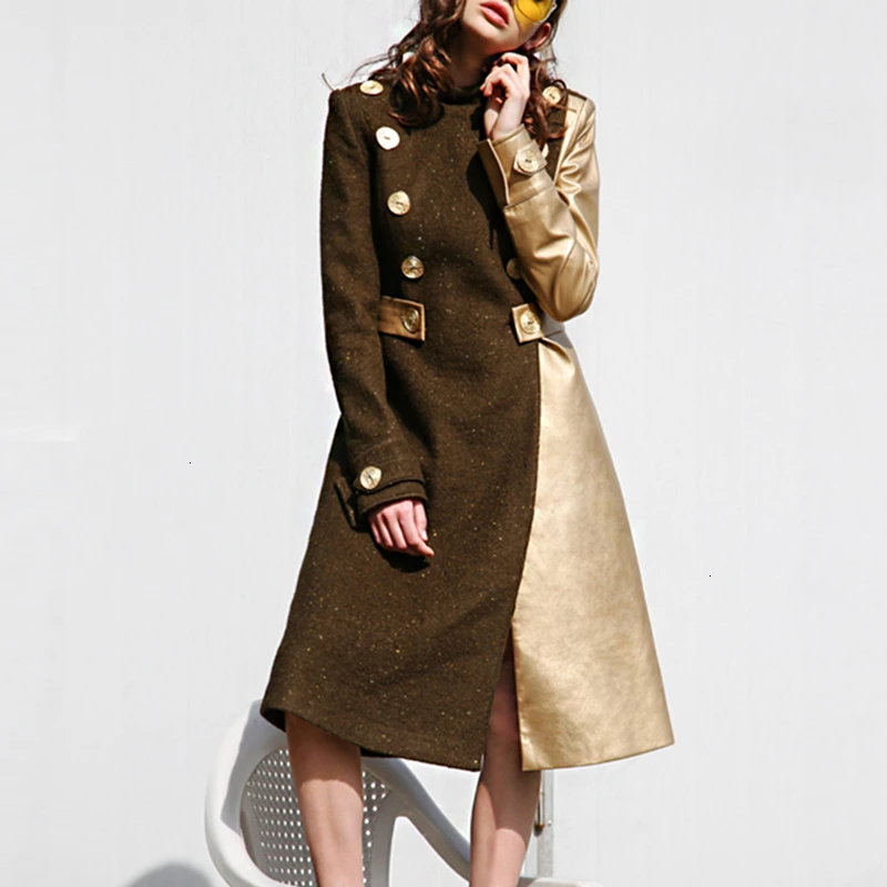 Женское зимнее пальто из искусственной шерсти в стиле пэчворк воротник-стойка