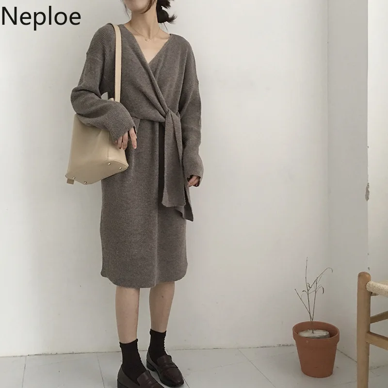 Neploe V Neck Slim Waist Lace Up Sweater Dress Autumn Loose Solid Maxi Vestido Cardigan Sueter Mujer Invierno 2020 46149 | Женская