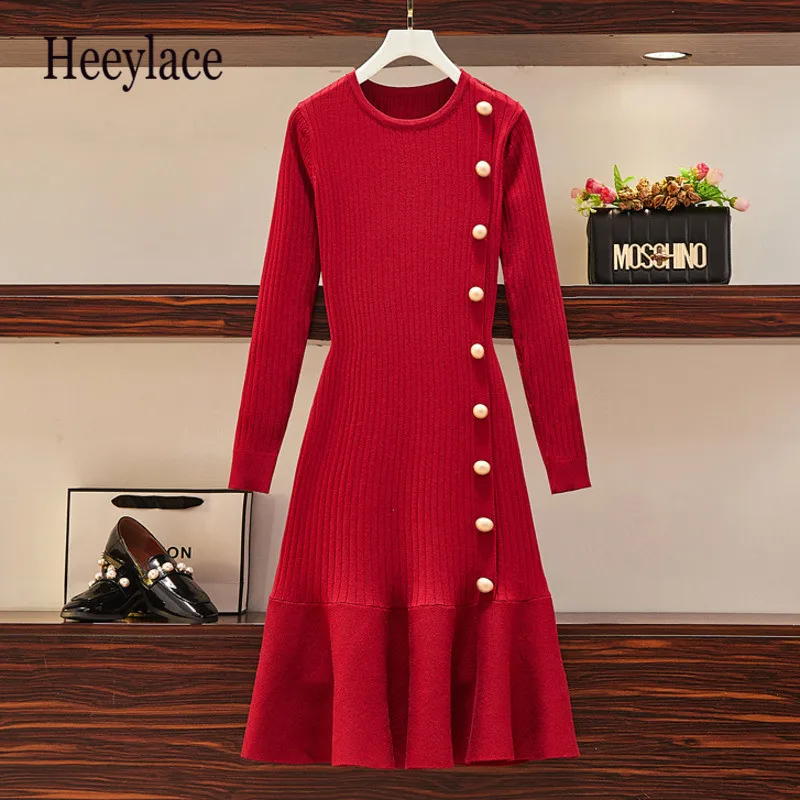 Женское винтажное трикотажное платье-свитер с длинным рукавом и пуговицами |