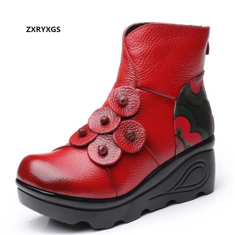 

Promotion Ethnic Style Autumn Genuine Leather Boots Platform Wedges Increase Boots Classic Flower Winter Shoes Fashion Boots New