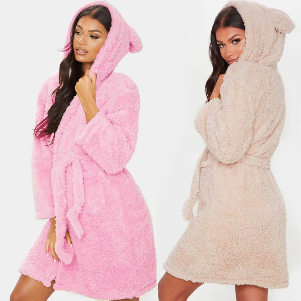 

Winter women's kimono robes, plush women's nightgown, long sleeved hooded lovely nightgown