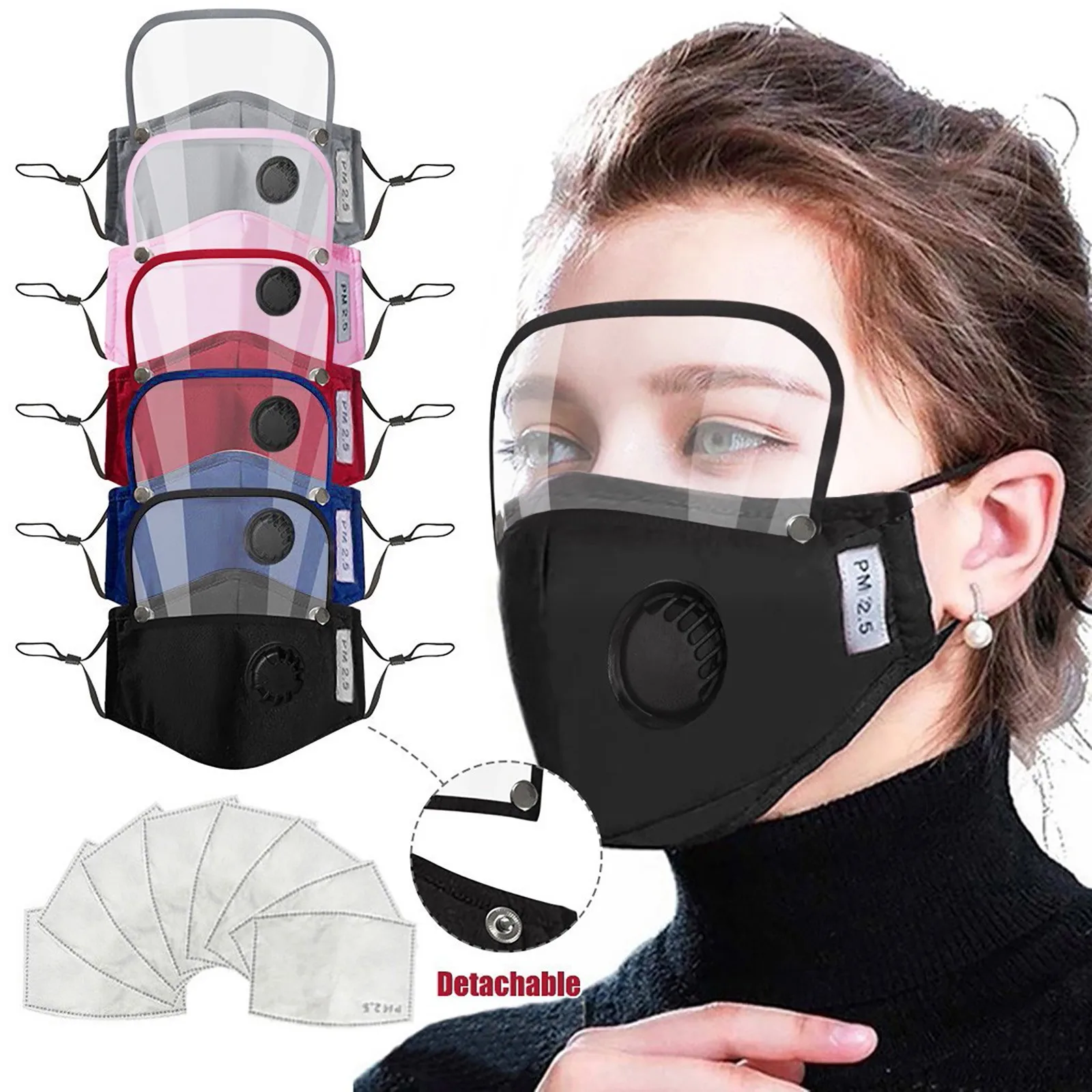 

Fashion Black Protective Mask With Filters Detachable Eye Shield Dust Mask Reusable Washable Facial Protector Face Mouth Cover