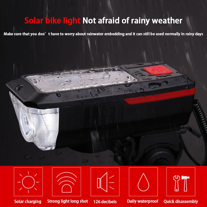 

LED Road Mountain Solar Bike Light USB Rechargeable Horn Waterproof Light 126 dB Night Riding Lighting Mountain Bike Front Lamps