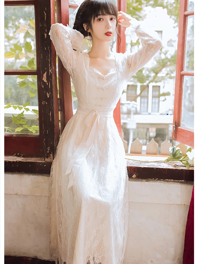 

Elegant Floral Dress Long Sleeve Ruffles Lace Sweet Midi Dress New 2021 Women's Autumn Women Vintage Retro Designer Party Dress