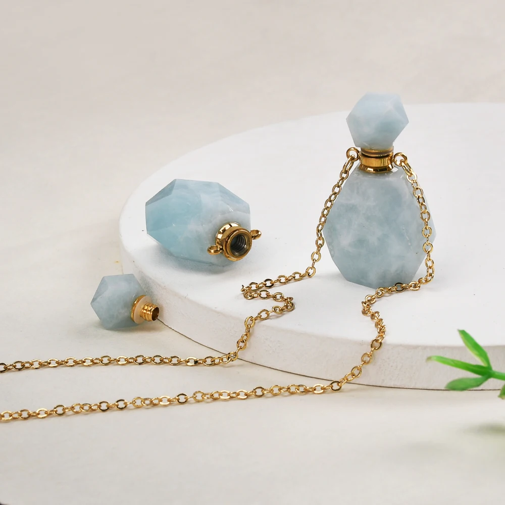 

Aquamarines Faceted Perfume Bottle Gems Stone Perfume Bottle Diffuser Necklace Essential Oil Bottle Diffuser Healing Neacklace