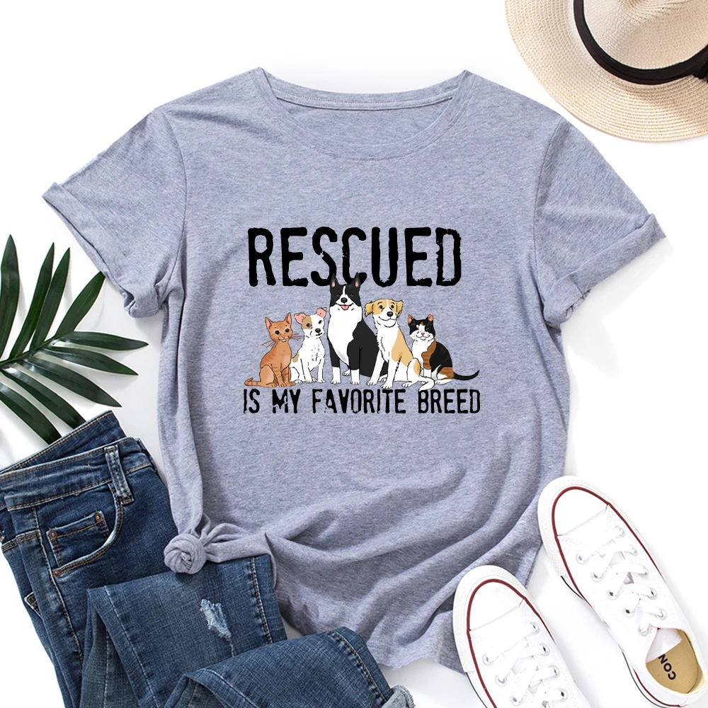 

Cartoon Cat Dog Tees Women T-shirt Casual Short Sleeve Tshirt Summer Animal Lovers Basic Tops Shirt Rescued Is My Favorite Breed