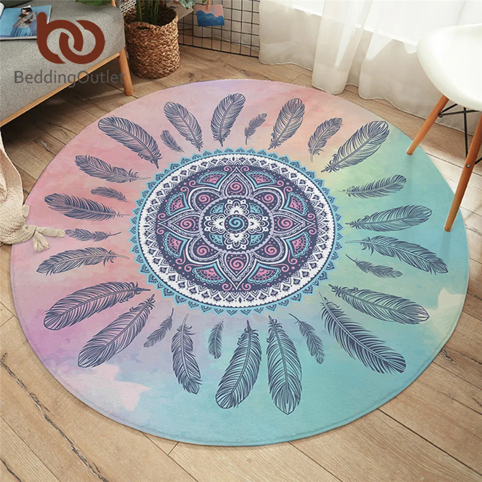 BeddingOutlet Mandala Round Carpet Kids Room Bohemian Feathers Area Rugs Mat Pink and Blue Tapete For Living Room alfombra 100cm