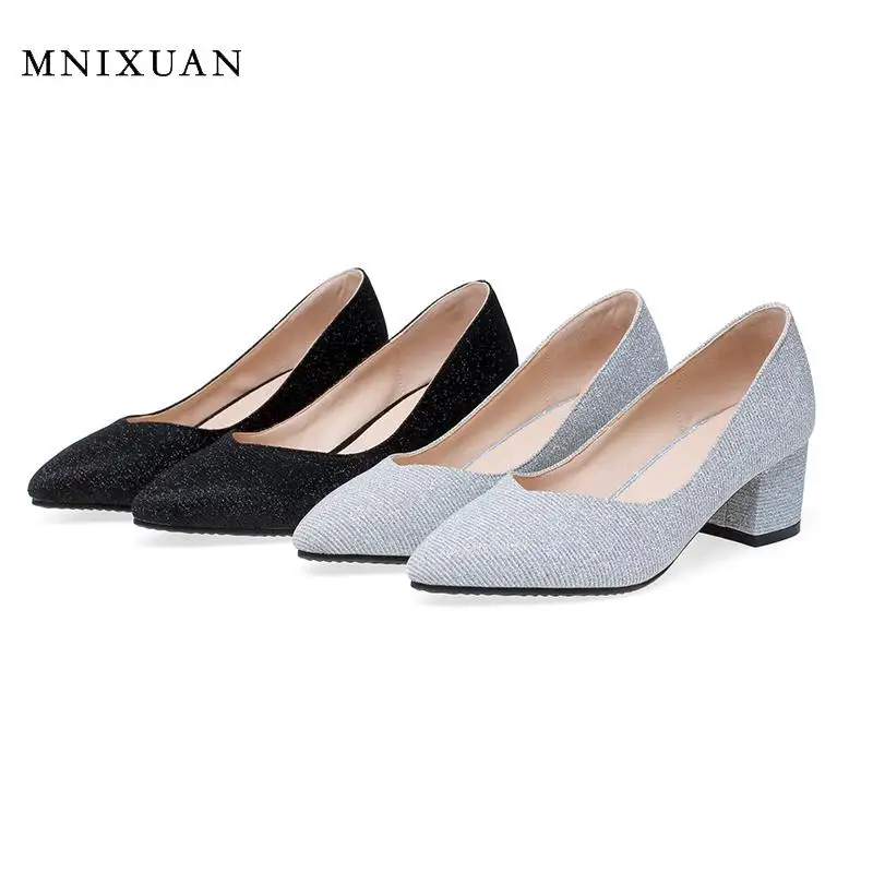 

MNIXUAN Fashion women pumps shoes high heels latest ladies heels 2020 new pointed toe silver thick glitter heels large size 43