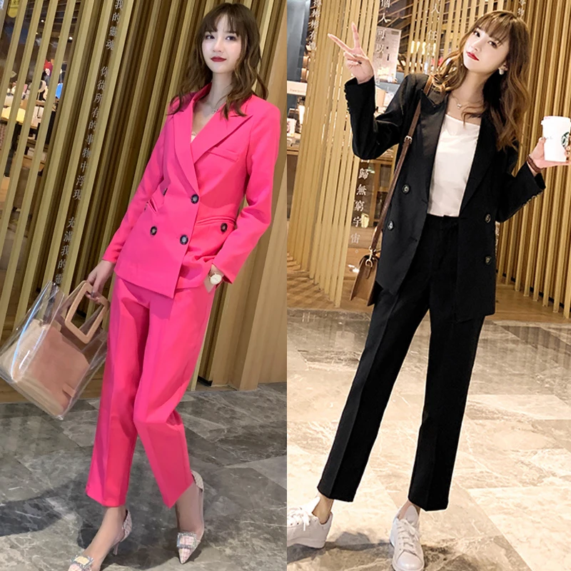 spring and autumn fashion new casual suit female professional toolingtemperament double-breasted nine-point pants two-piece suit