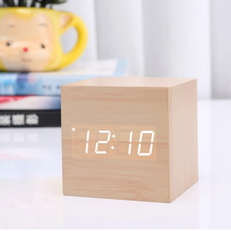 

Creative sound-controlled led wooden clock luminous lazy square wooden clock led digital wooden electronic alarm clock