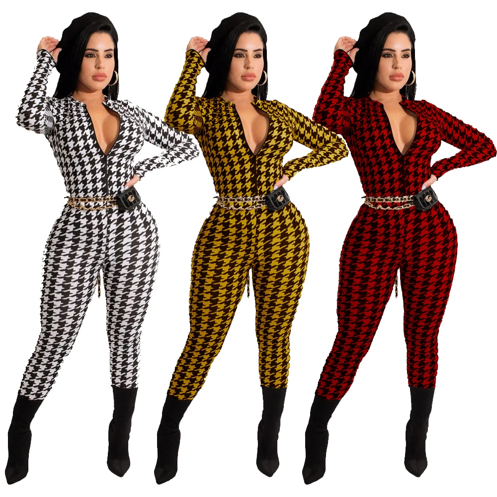 

Mm2157 European and American autumn and winter women's clothing features thousand bird check print round neck zipper one-piece w