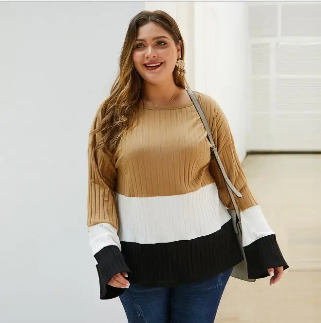 

Весенний длинный свитер с расклешенными рукавами для женщин; большие размеры 3XL 4XL; осенний свитер с круглым вырезом; большие размеры 3XL 4XL; вя...