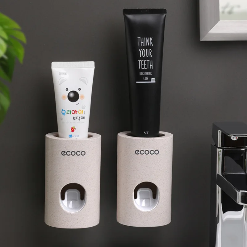 

Bathroom Accessories Automatic Toothpaste Dispenser Dust-Proof Toothbrush Holder Wheat Straw Wall Mounted Home Squeezer