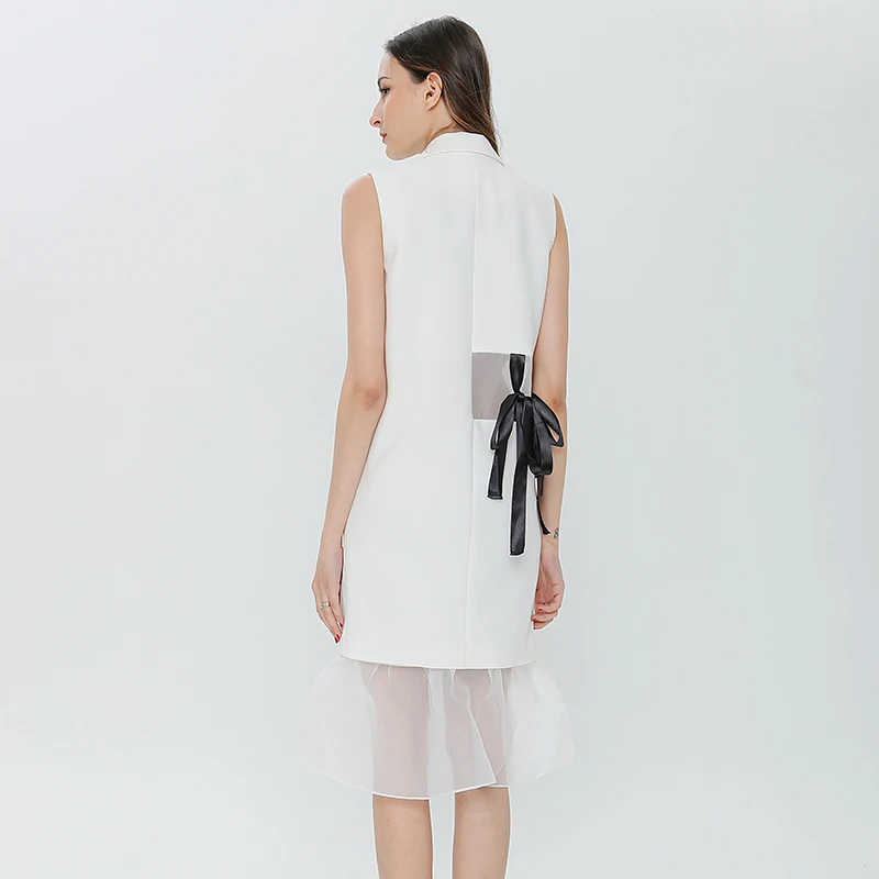 

VGH Lace Up Bowknot Dress For Women V Neck Sleeveless Patchwork Elegant Midi Dresses Female Fashionable New Clothing 2021 Tide