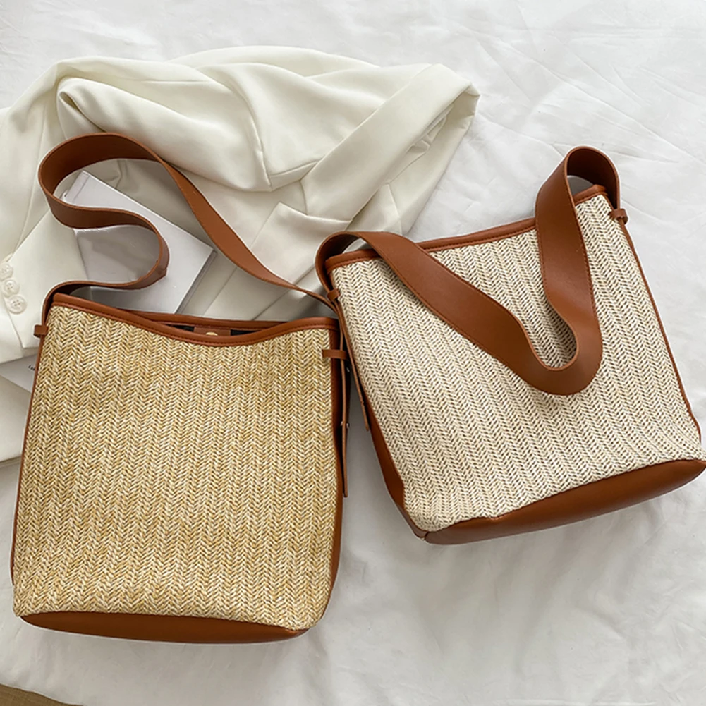 

Повседневные тканые женские сумки на плечо большой вместимости, простые однотонные сумки, летние новые модные женские сумки на плечо