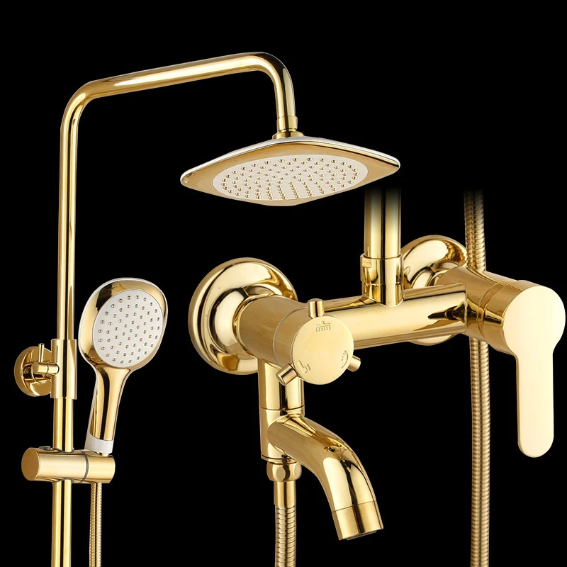 

Luxury Gold Copper Shower Set Bathroom Faucet Mixer Tap Wall Mount Hand Held Shower Head Bathtub Spout Shower Faucet Shower Set